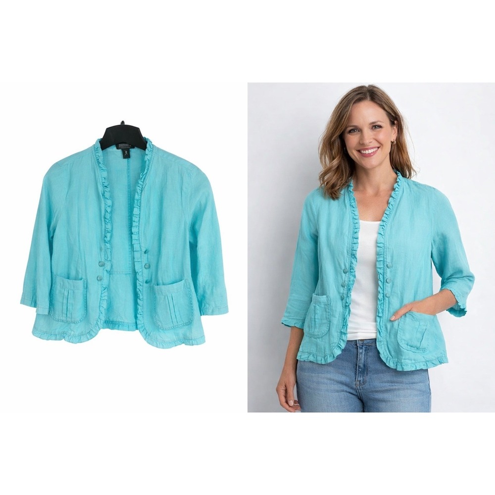 Open Coastal Grandma Open Front Linen Jacket PLg Turquoise Cottagecore BohoChic - Picture 11 of 11